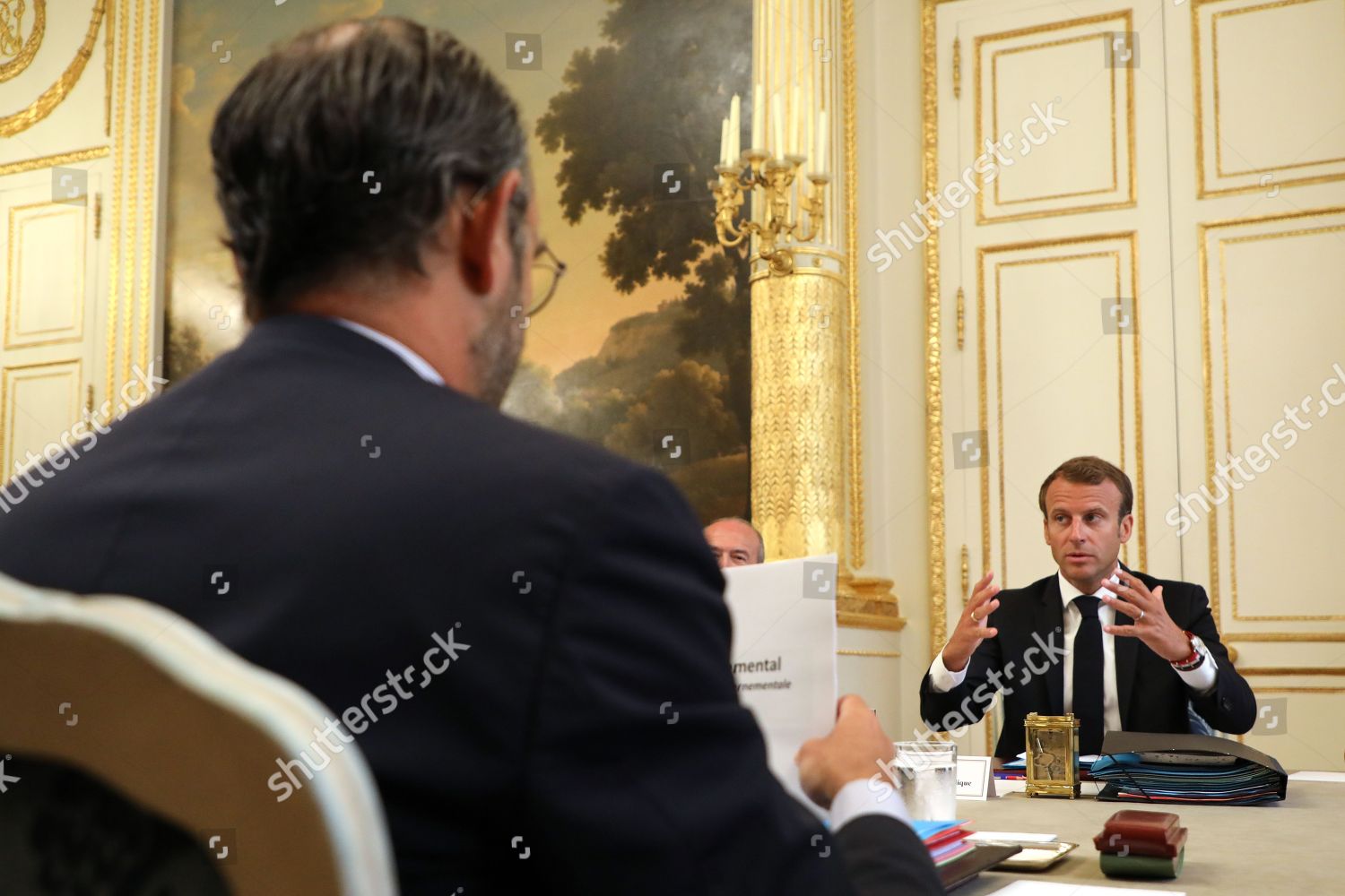 French President Emmanuel Macron R Gestures He Editorial Stock