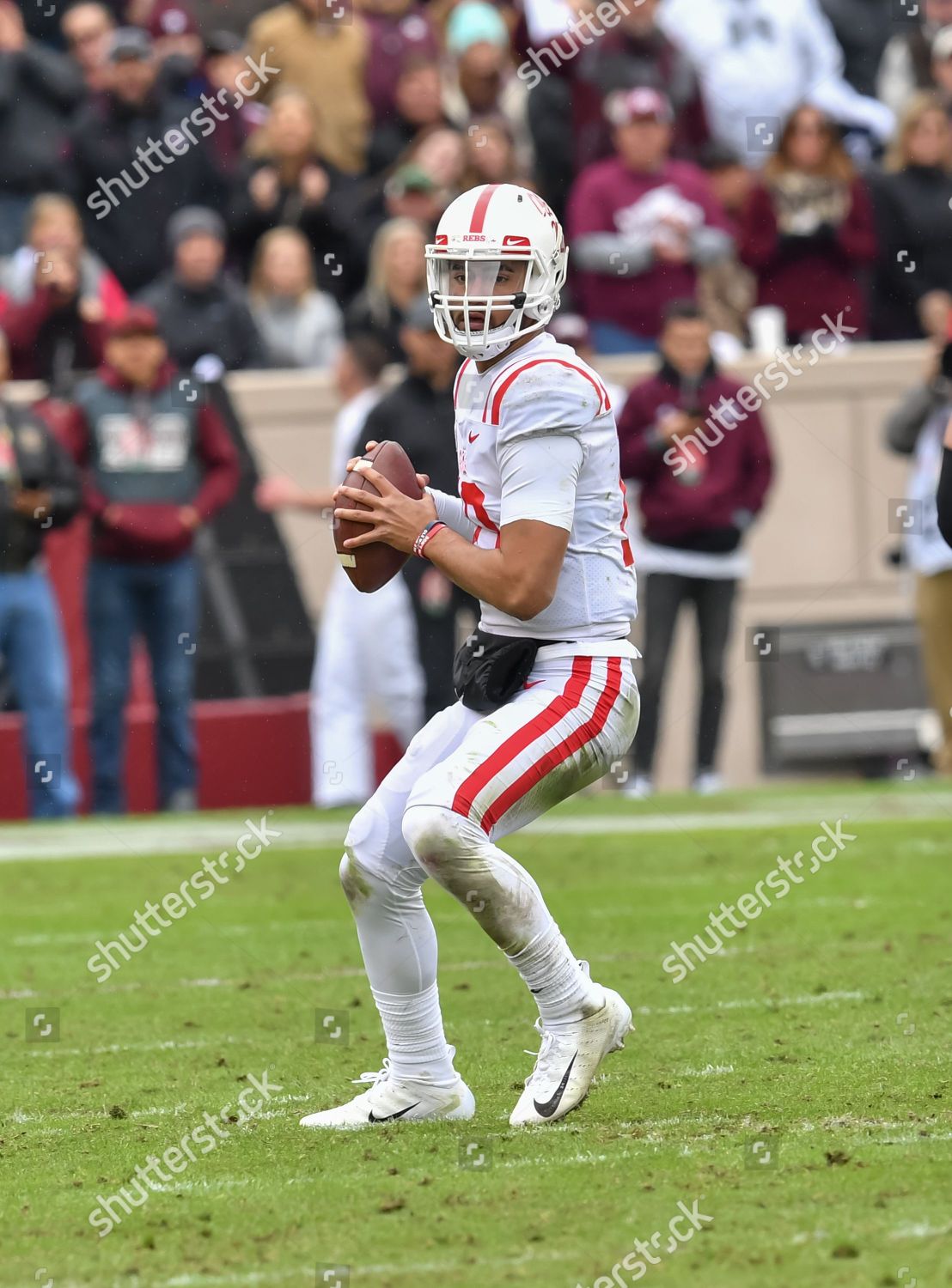 November 10, 2018 College Station, TXOle Miss quarterback, Jordan Ta'amu  (10), making a play during the NCAA football game between the Texas A&M  Aggies and the Ole Miss Rebels, in College Station, TX. (Absolute Complete  Photographer