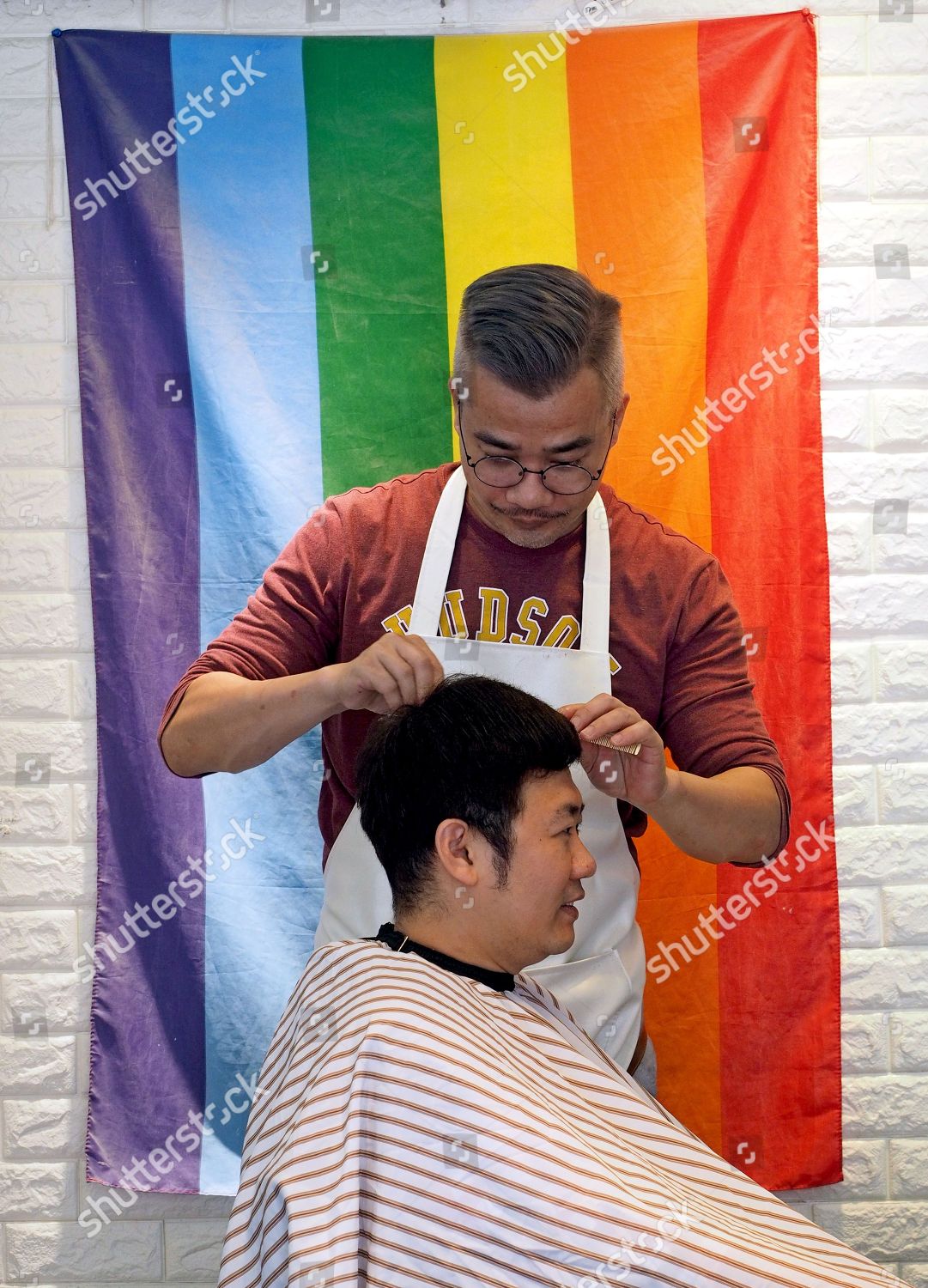 Hairdresser Cuts Customers Hair Rainbow Flag Hanging Editorial