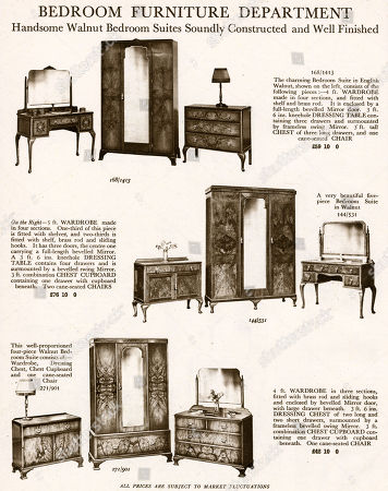 Industryfurnituresuitewalnutwoodenwardrobewardrobesdrawersdressingtablebevelledmirrormirroredchestcupboardpricepricesharrodcataloguedepartmentharrodsharrodspageselection1920s20stwentiesofandinforonorthehistoryhistorical Stock Photos Editorial Images